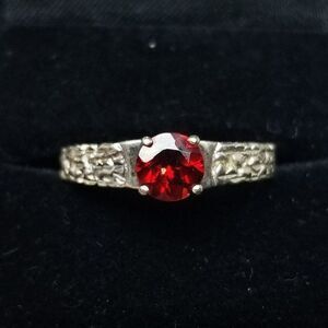 Vintage Sterling Silver Round Red Rhinestone Solitaire Ring, Size 9 1/2 Band